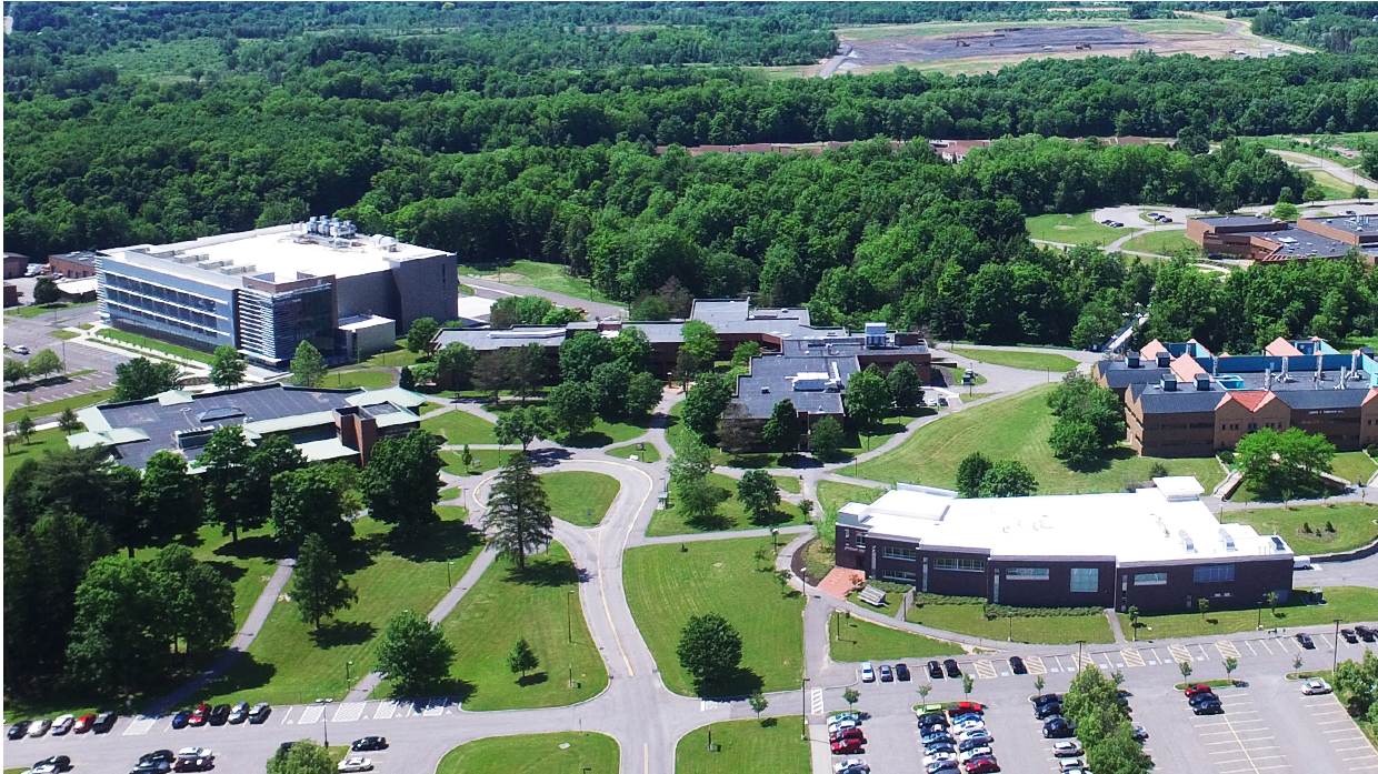 Aerial view of the SUNY Poly Utica Campus. Student Center in foreground