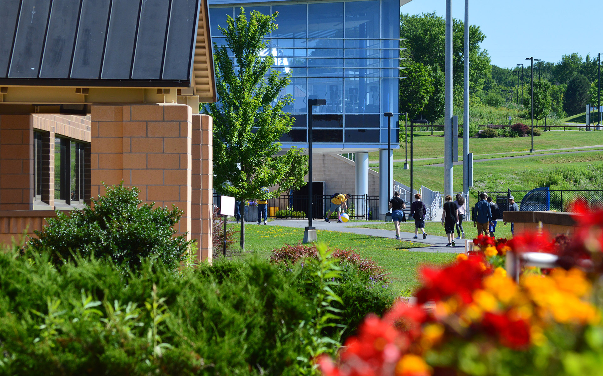Flowers in front of the Wildcat Field House on the Utica campus