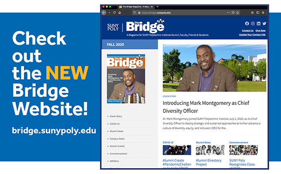 screenshot of the bridge website with the text, "check out the new bridge website, bridge.sunypoly.edu"