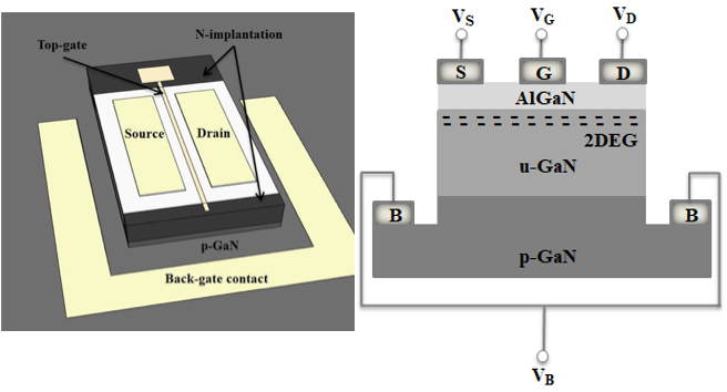 3D view and side view of AlGaN/GaN HEMT with the implementation of back gate contact