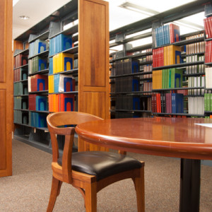 photo of sitting space among the stacks in the library