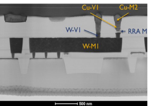 Cross-section of a hybrid CMOS-memristor 1T1R circuit fabricated in Prof. Cady’s group at SUNY Poly
