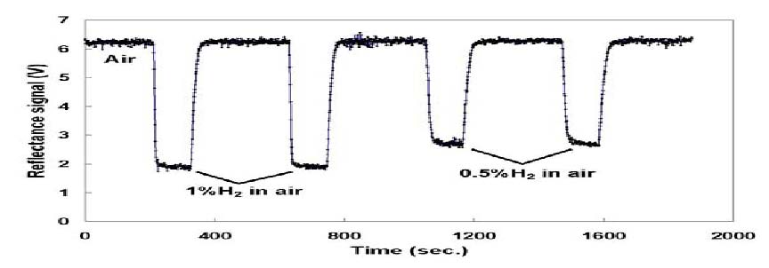 Signal change vs. exposure time for a 1% and 0.5% hydrogen concentration in a balance of air