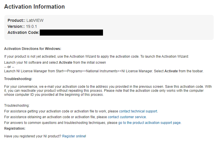 Screenshot of the National Instruments activation information page