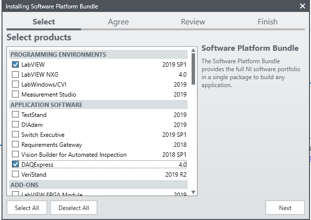 Screenshot of Labview installer with the box for DAQExpress checked