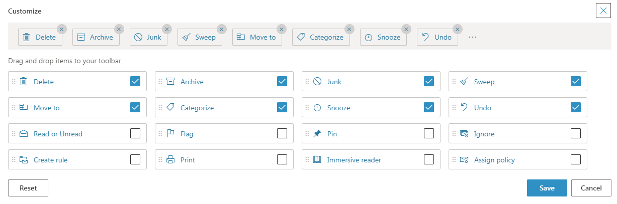 screenshot of the toolbar customization options for received messages in Outlook