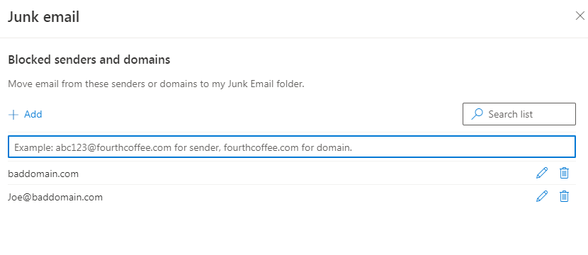screenshot of editing the blocked senders list in Outlook