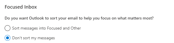 screenshot of the focused inbox settings in Outlook