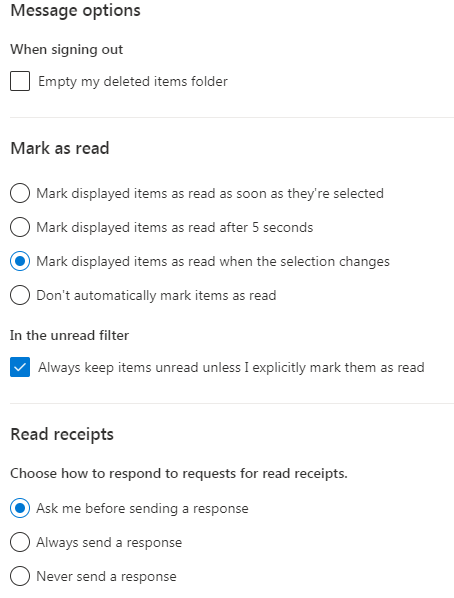 screenshot of the message options in Outlook