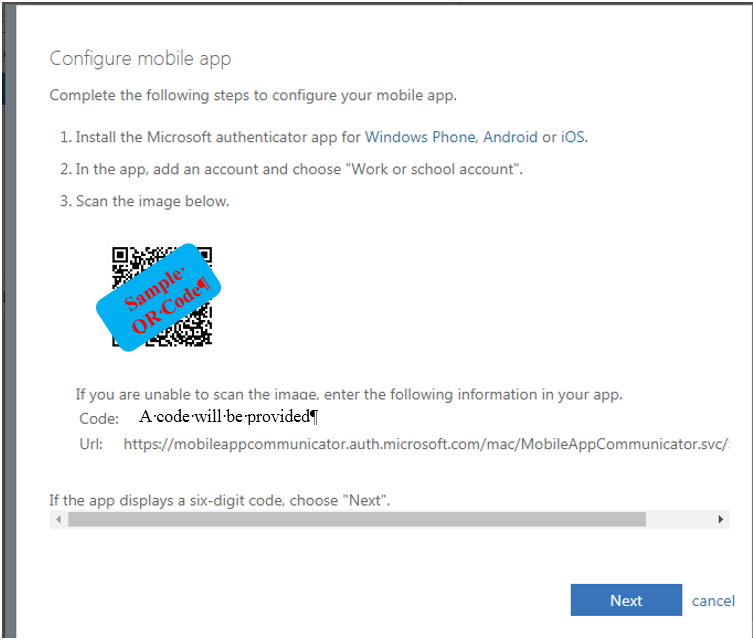 screenshot of the multi-factor authentication mobile app setup screen in Outlook