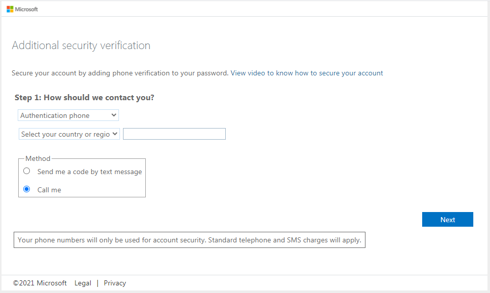 screenshot of the multi-factor authentication setup step 1 screen in Outlook