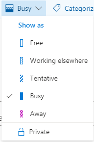 screenshot of the availability status options for Outlook calendar events