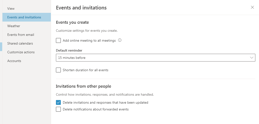 screenshot of the events and invites settings in Outlook calendar