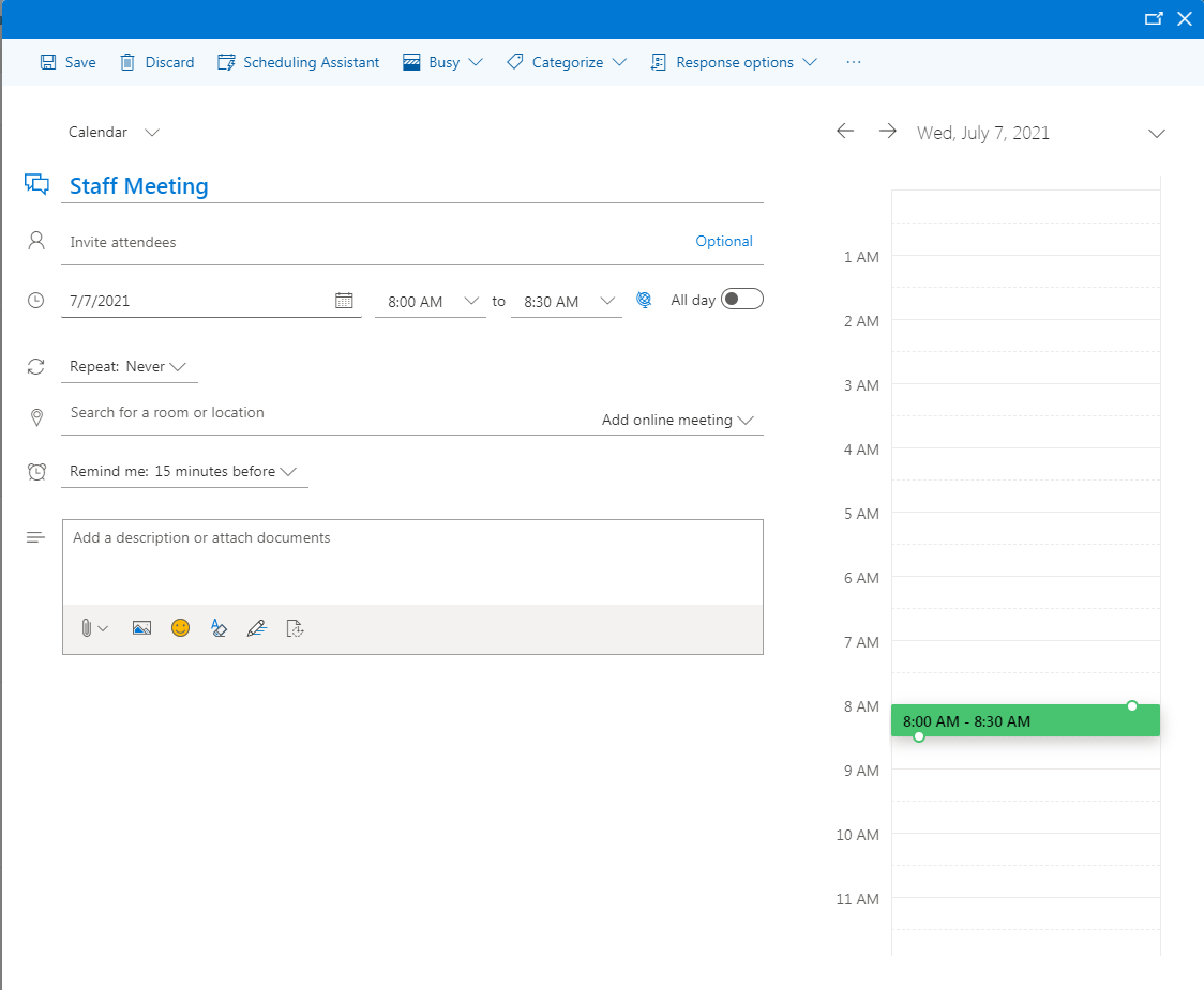 screenshot of the meeting invite editor in Outlook