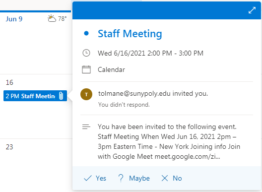 screenshot of an Outlook calendar meeting
