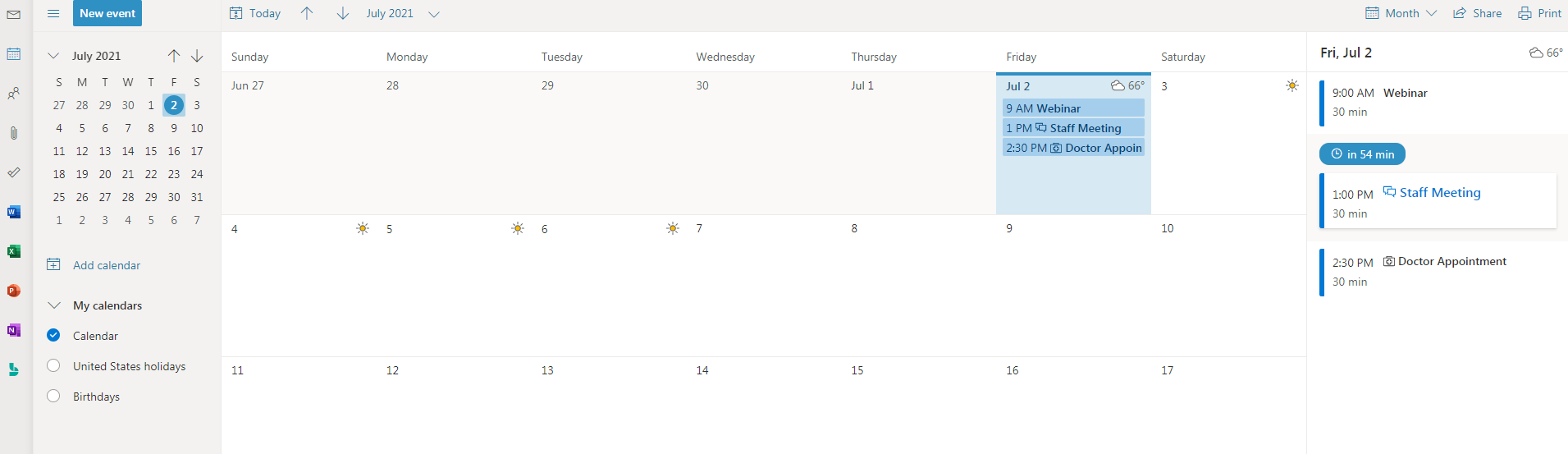 screenshot of the Outlook calendar month view with agenda
