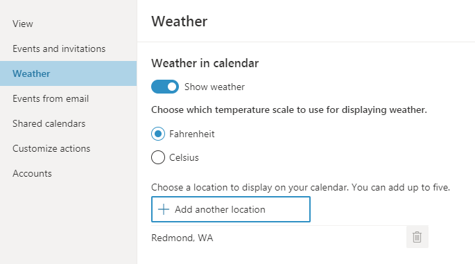 screenshot of the weather settings in Outlook calendar