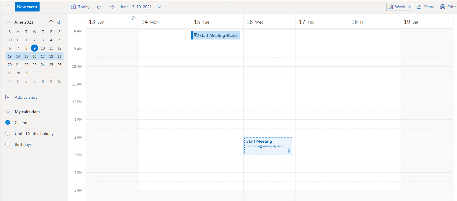screenshot of the Outlook calendar week view