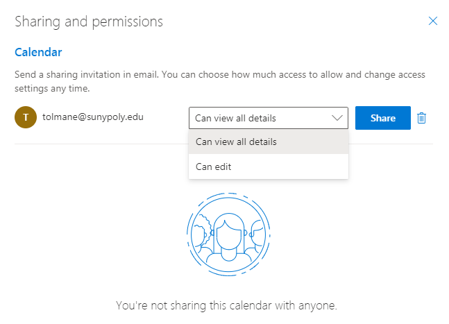 screenshot of the shared calendar permissions settings in Outlook