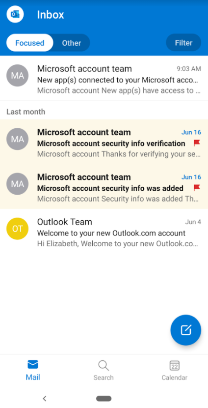 screenshot of the outlook web client on a mobile device