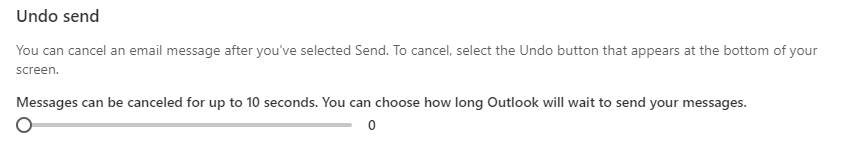 screenshot of the undo send settings in Outlook