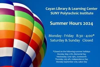 Image of a hot air balloon with Cayan Library summer hours