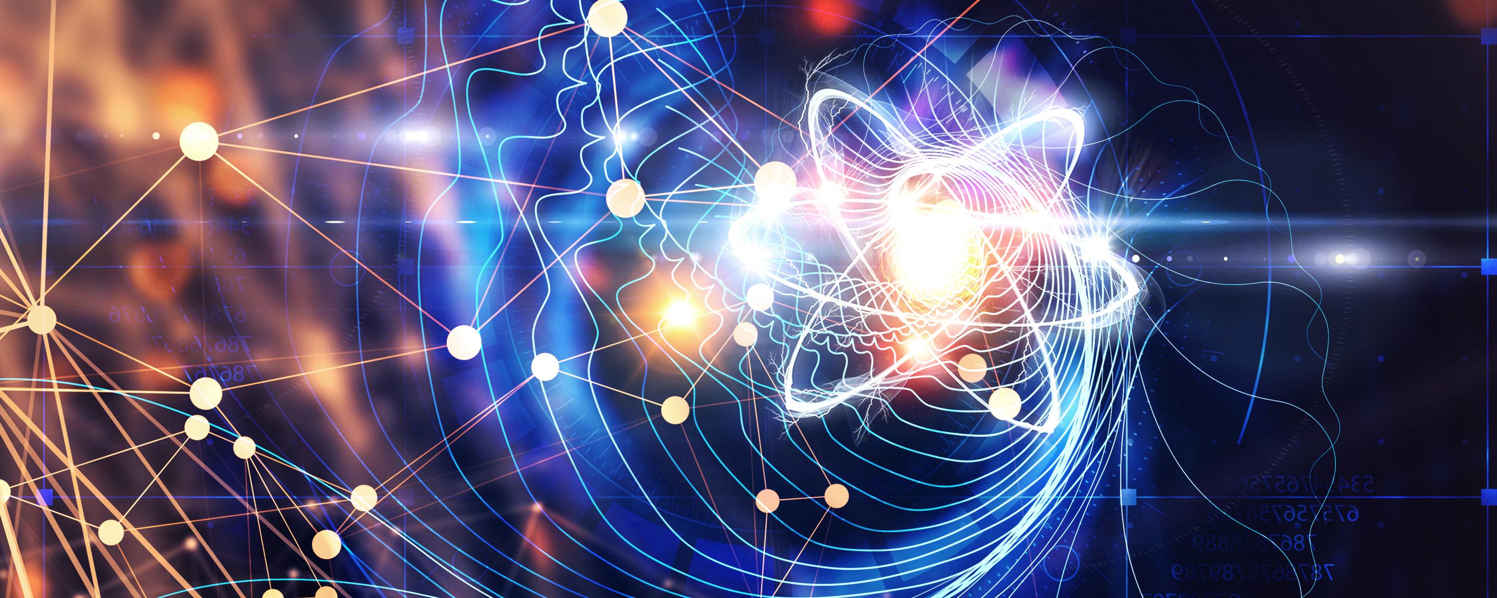 Abstract visualization of atomic particles and orbital paths with glowing blue and orange energy patterns.