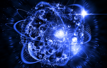 Abstract visualization of an atom with glowing particles, orbital paths, and energy patterns in shades of blue.