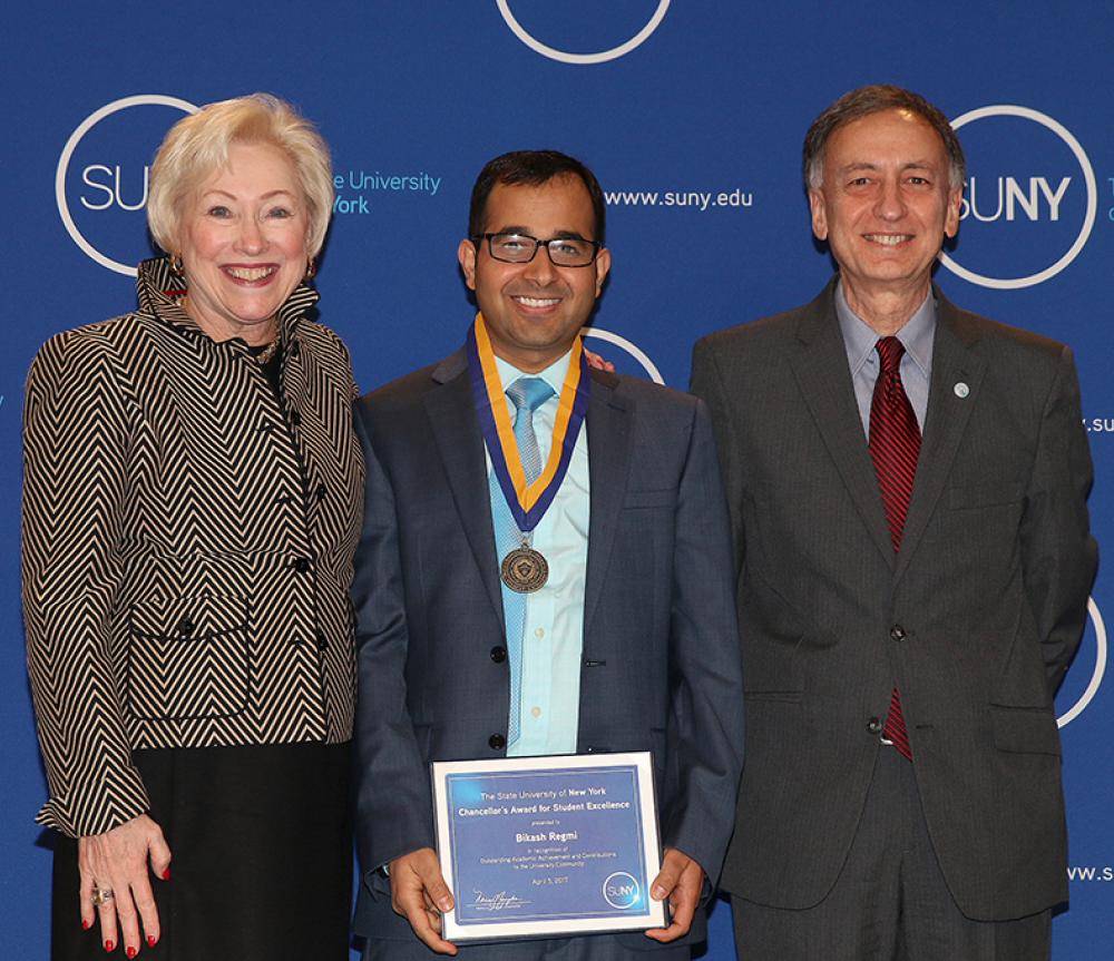 SUNY Chancellor Nancy Zimpher, SUNY Poly Student Bikash Regmi, SUNY Poly Interim President Bahgat Sammakia