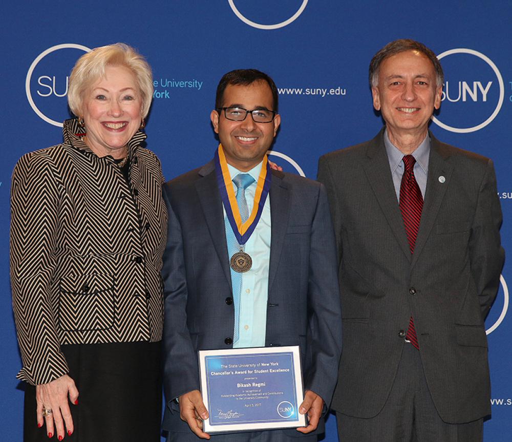 SUNY Chancellor Nancy Zimpher, SUNY Poly Student Bikash Regmi, SUNY Poly Interim President Bahgat Sammakia