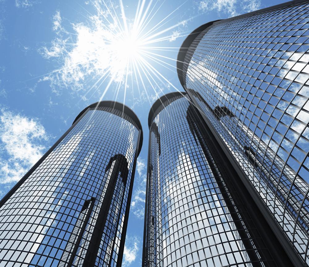 Sun shining on buildings