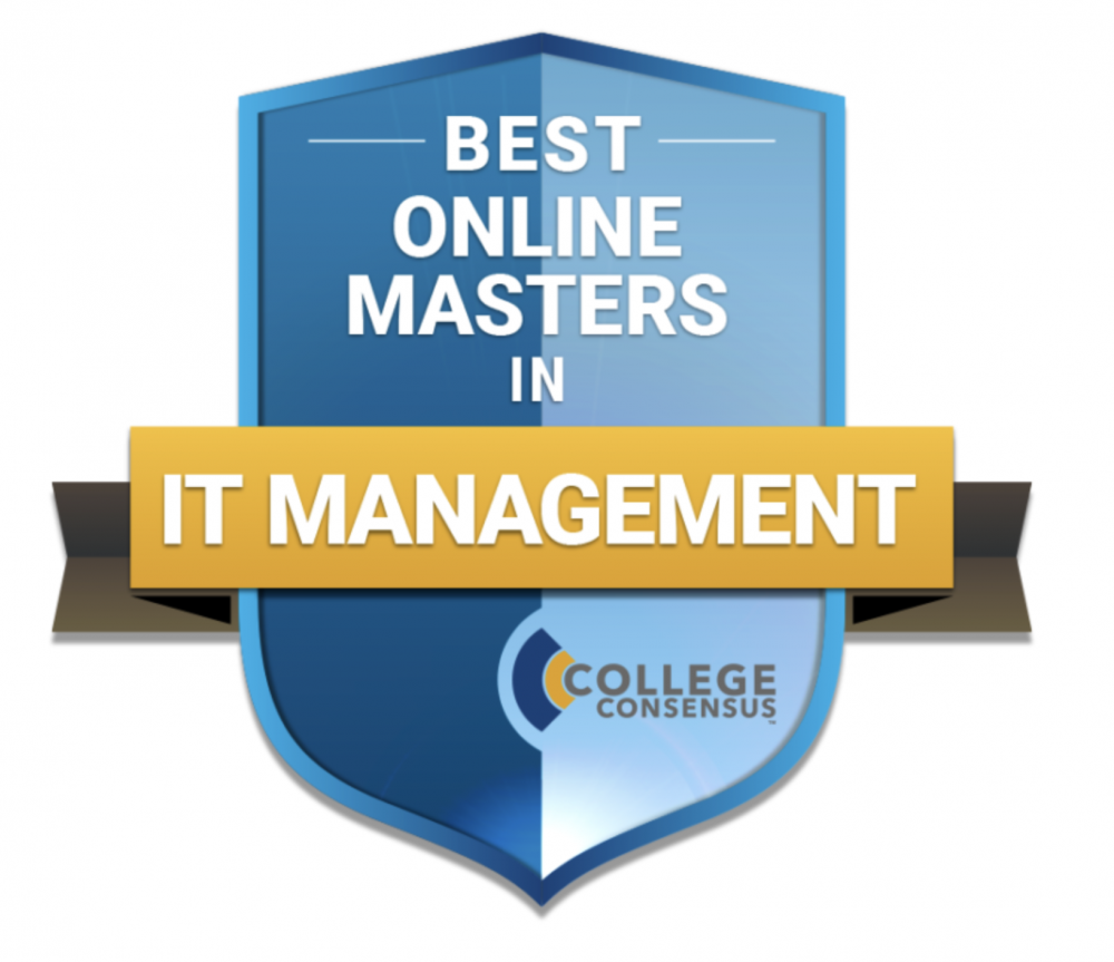 shield with the label, College Consensus' best online master's in IT management