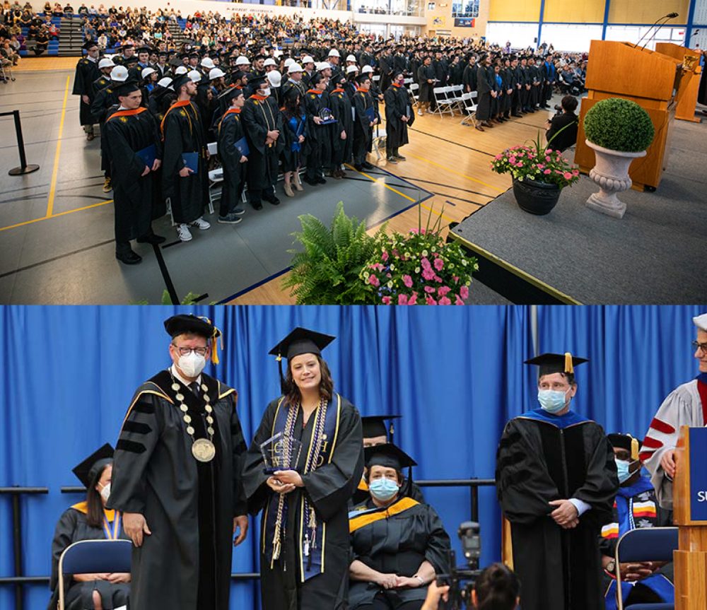 Utica commencement ceremony and Albany commencement ceremony McKenzie Albrecht receives award from Pres. Laursen