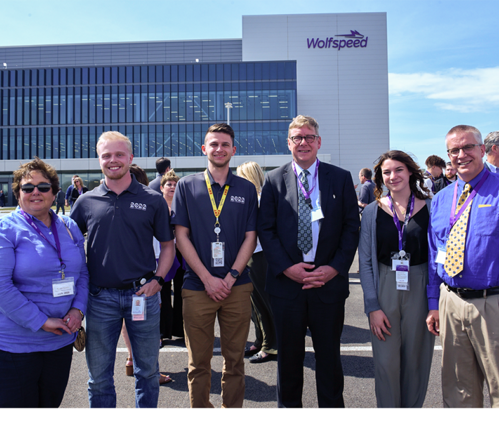 Pres. Laursen with alumni and students at Wolfspeed ribbon cutting