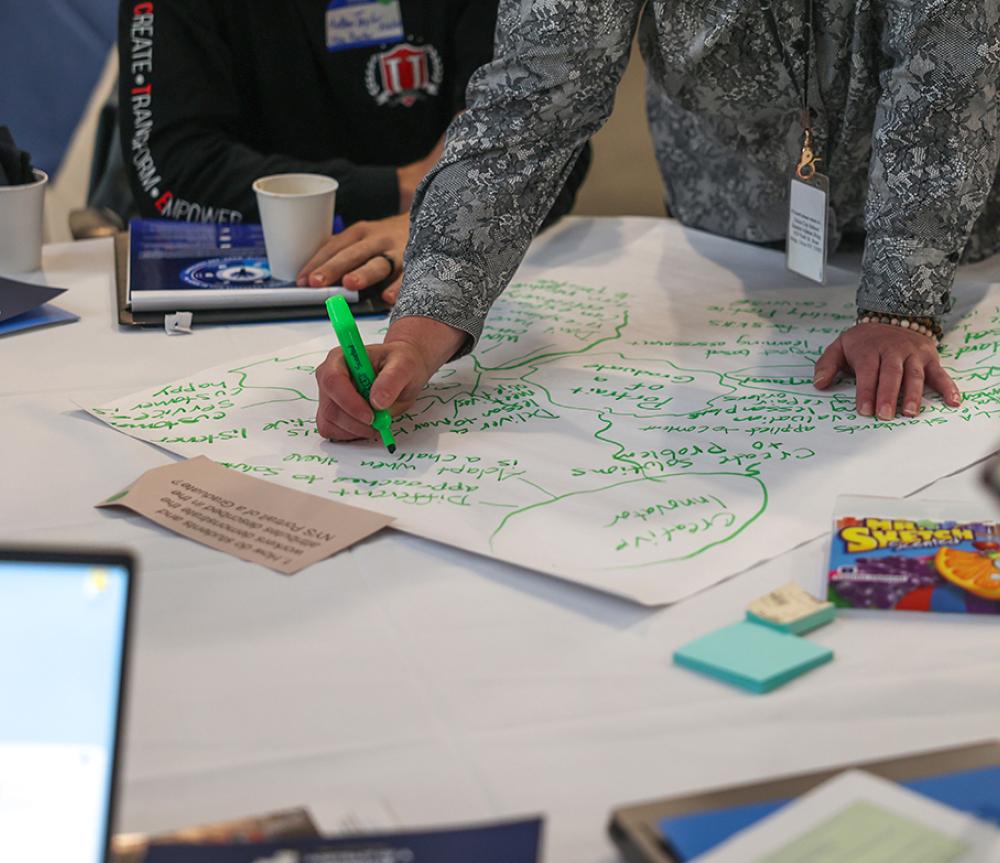 People writing ideas on white paper, focusing on career and tech education ideas