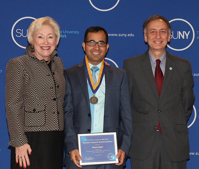 SUNY Chancellor Nancy Zimpher, SUNY Poly Student Bikash Regmi, SUNY Poly Interim President Bahgat Sammakia