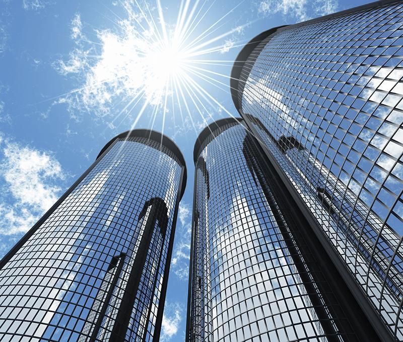 Sun shining on buildings