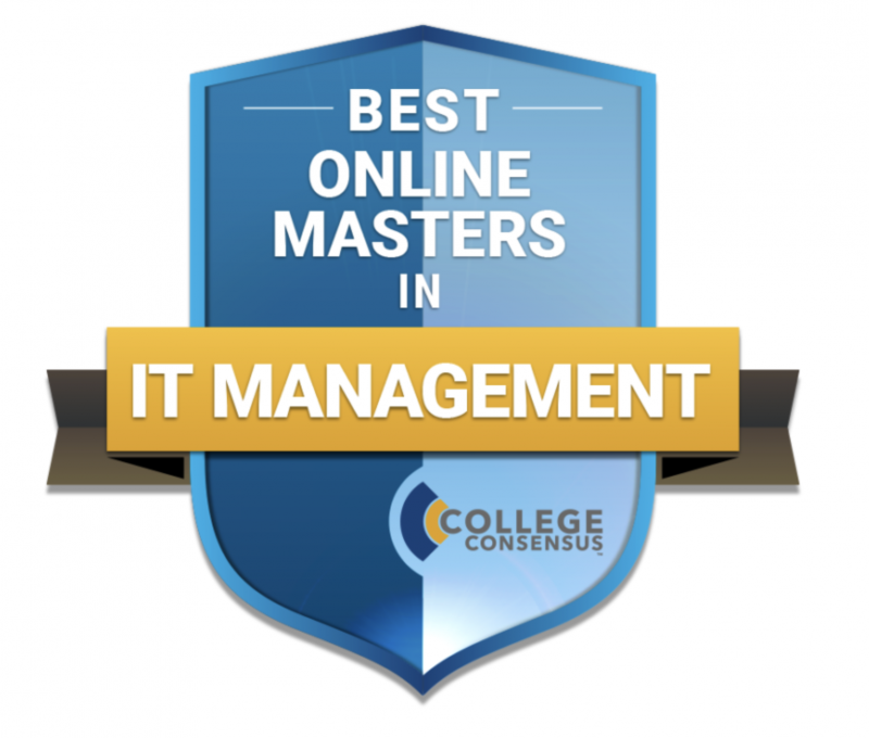 shield with the label, College Consensus' best online master's in IT management