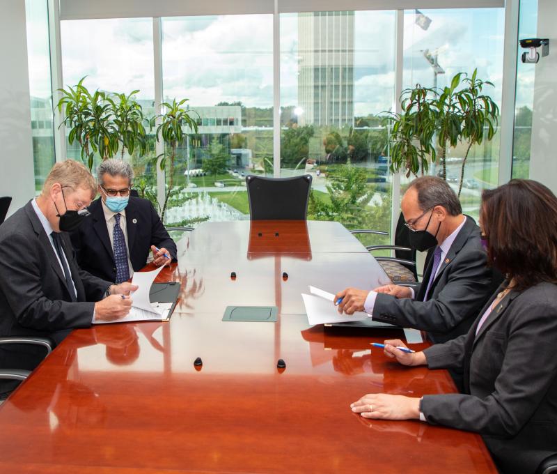 SUNY Poly Acting Pres. Laursen, Interim Provost Schneider; UAlbany Pres. Rodriguez, Provost Kim 