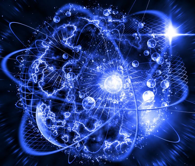 Abstract visualization of an atom with glowing particles, orbital paths, and energy patterns in shades of blue.
